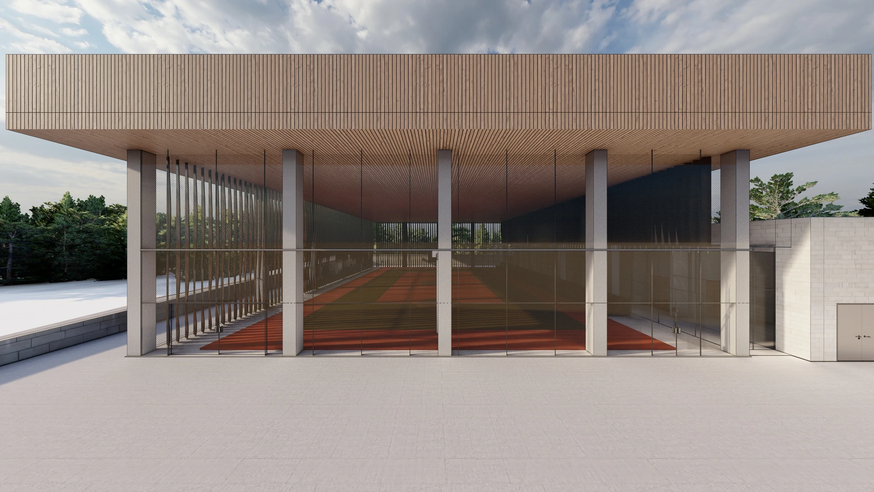 Exterior view: glazing, screening and timber roof