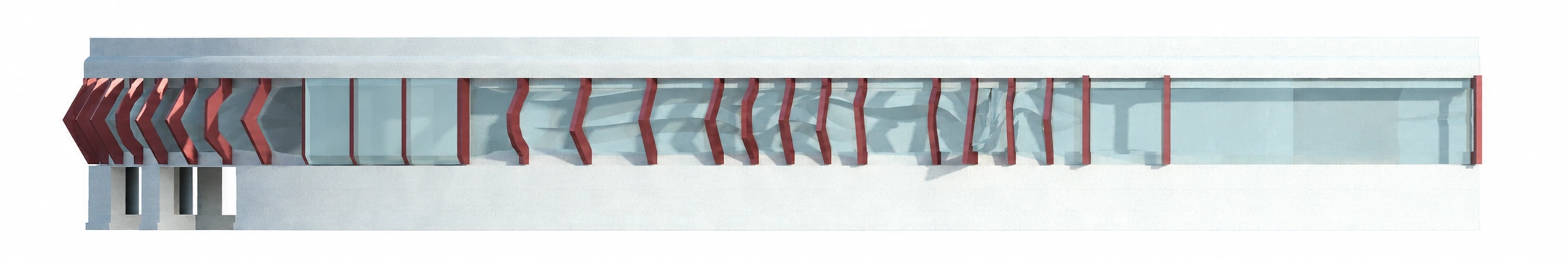 Façade study: glazing follows the music-derived red beam profiles