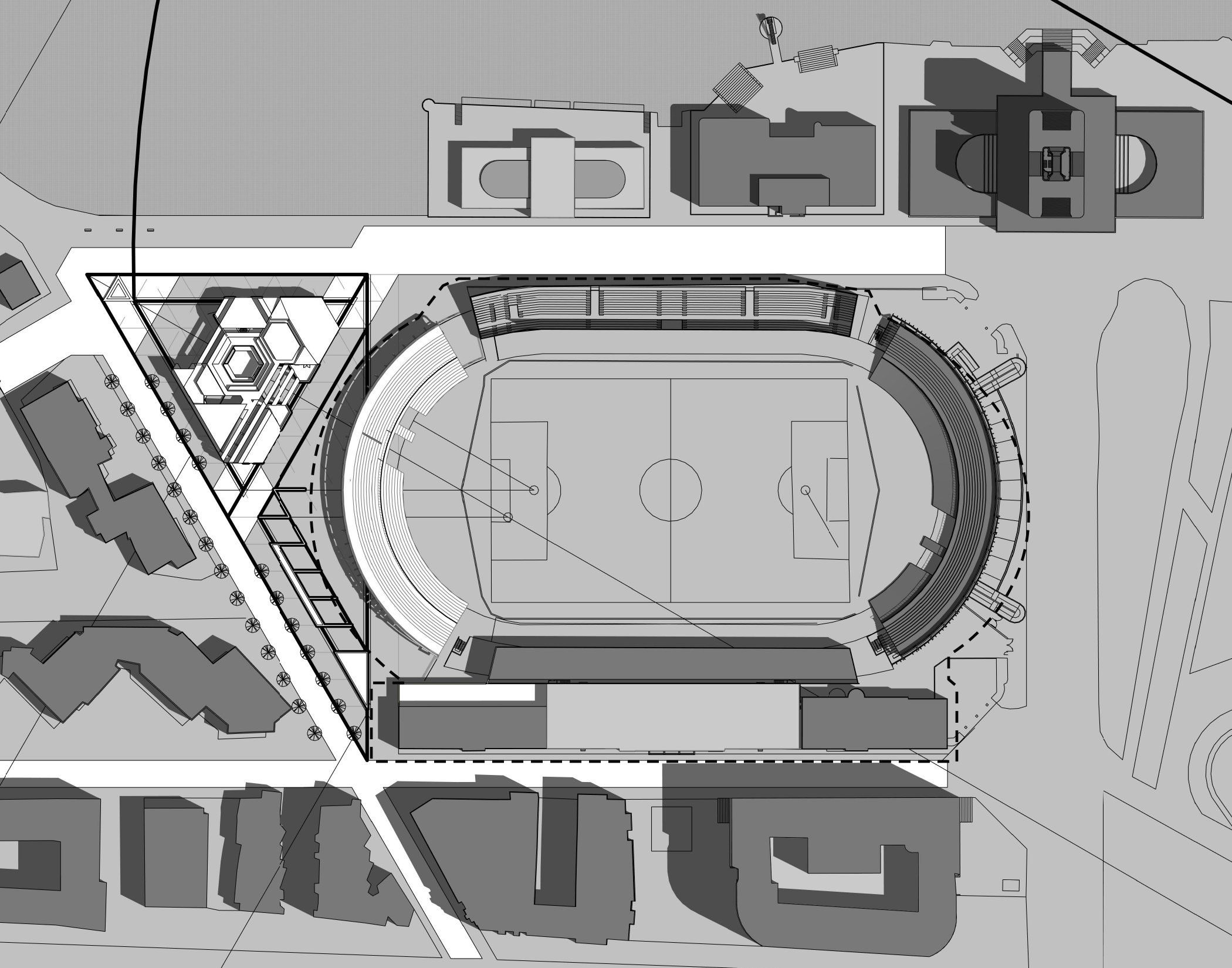Site plan: stadium perimeter outlined with a black dashed line