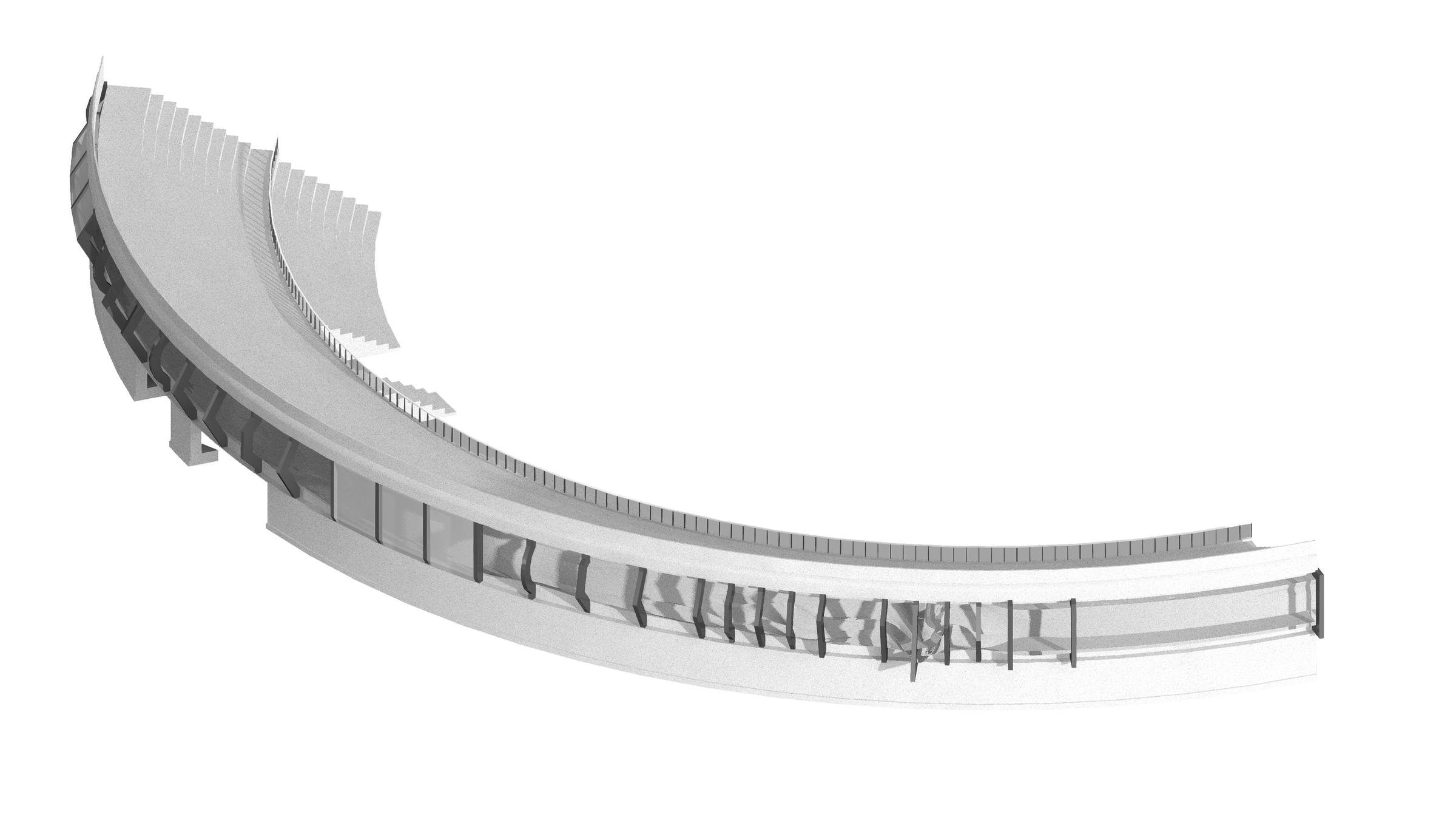 West-stand proposal: the curved façade and its changing column rhythm