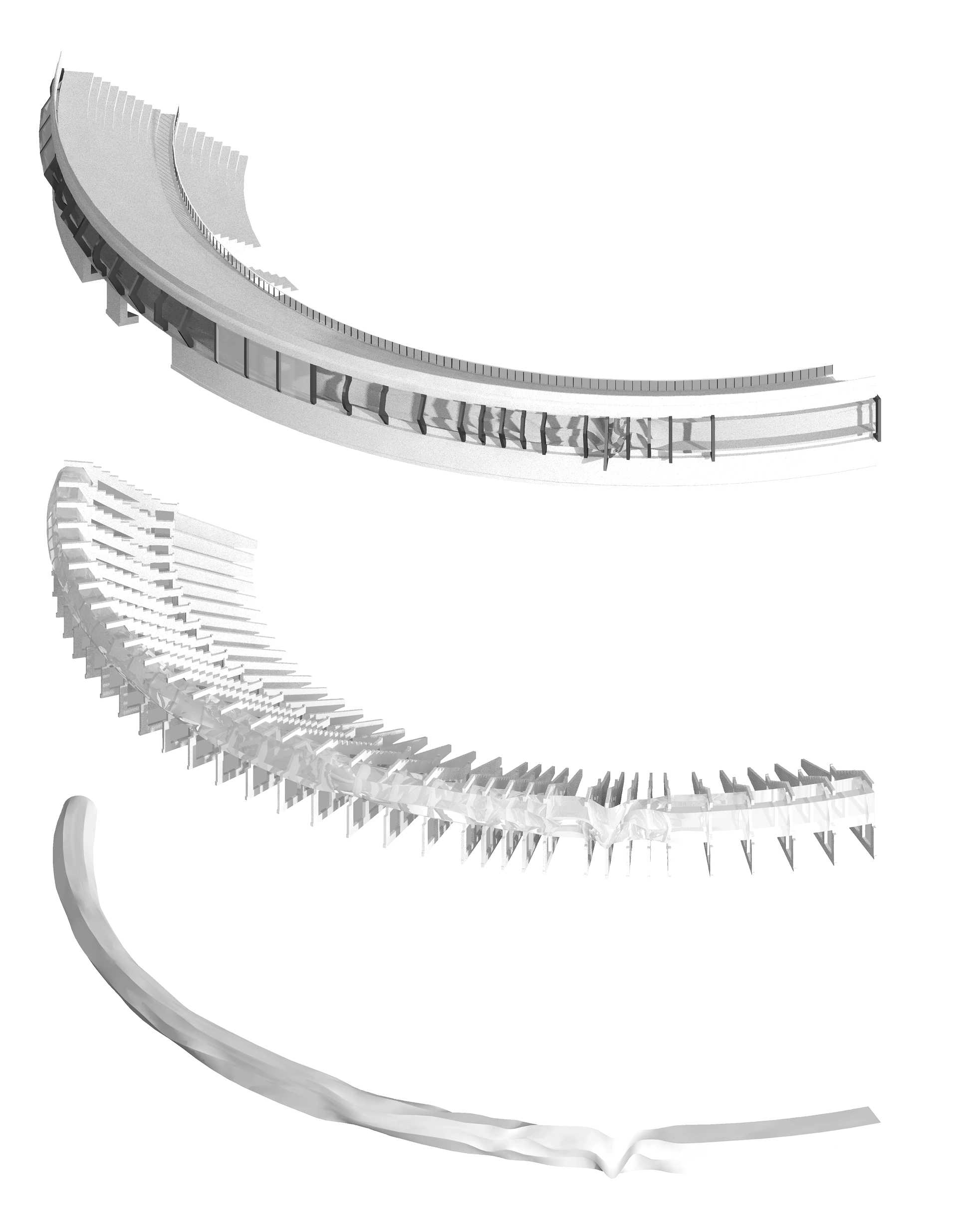 Three original La Traviata studies: the curved stand, its structural rhythm, and the music-derived spatial profile