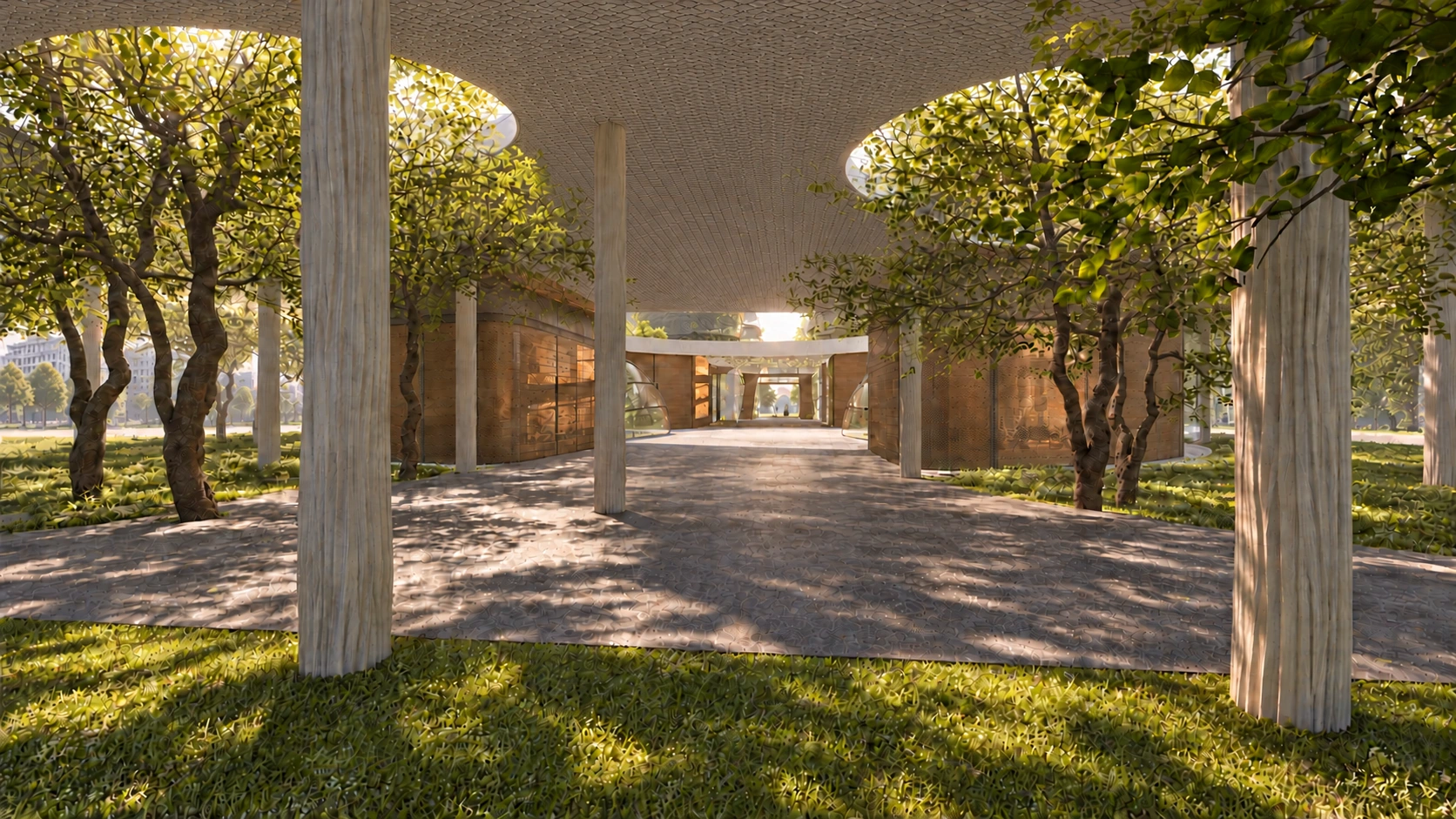 Campus axis: concrete canopy, openings above the trees and the surrounding city