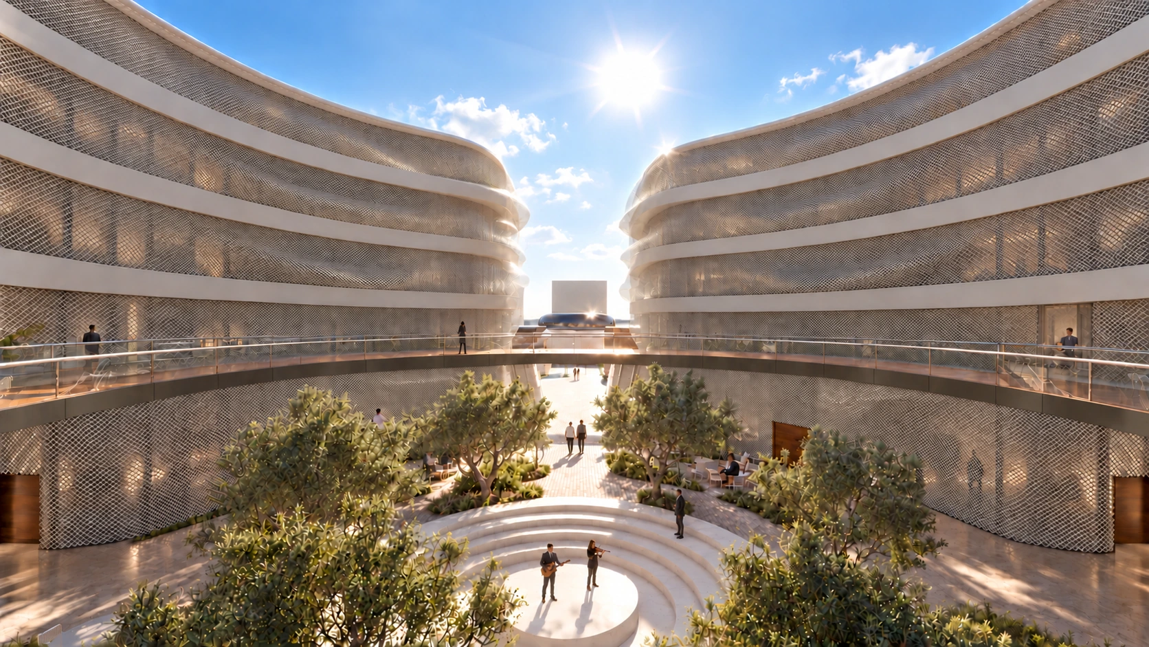 Courtyard: undulating steel mesh and recessed glazing