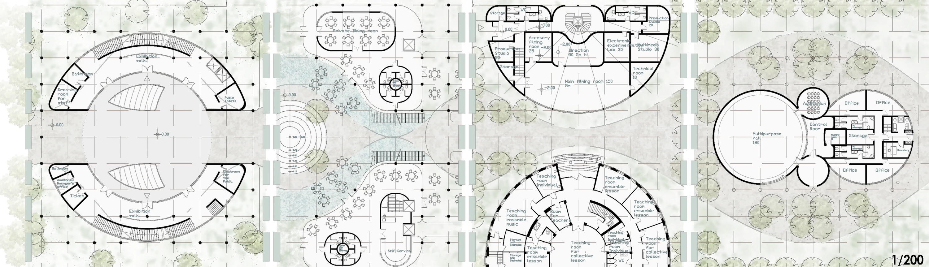 Plan details: auditorium, music rooms and shared landscape